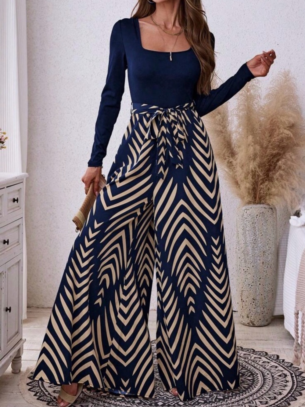 Wide-Leg Navy and Beige Printed Jumpsuit